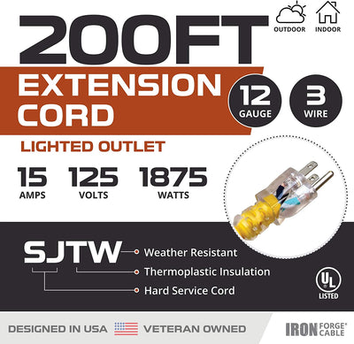 200 Foot Lighted Outdoor Extension Cord - 12/3 SJTW Heavy Duty Yellow Extension Cable with 3 Prong Grounded Plug for Safety - Great for Garden and Major Appliances