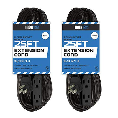 2 Pack of 25 Ft Extension Cords with 3 Electrical Power Outlets - 16/3 Durable Black Extension Cord Pack