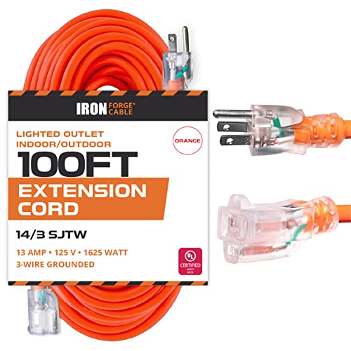 100 Ft Outdoor Extension Cord, Lighted - 14/3 SJTW Heavy Duty Orange Extension Cable with 3 Prong Grounded Plug for Safety - Great for Garden & Major Appliances