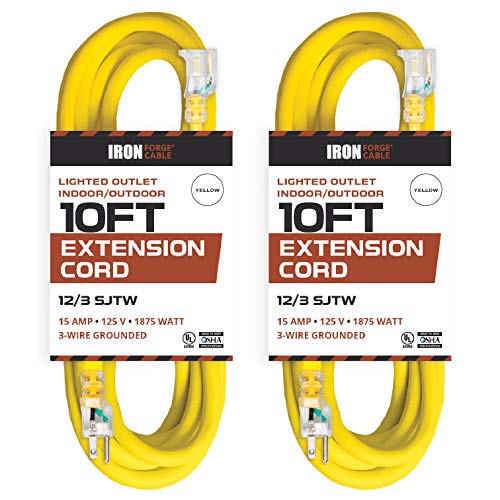 2 Pack of 10 Foot Outdoor Extension Cords - 12/3 SJTW Heavy Duty Lighted Yellow Extension Cable Set