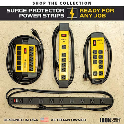 8 Outlet Heavy Duty Surge Protector Power Strip with 2 USB Charging Ports - 14/3 SJT Black and Yellow Metal Surge Suppressor with 6 Foot Long Extension Cord
