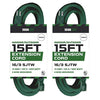 Pack of 2 Outdoor Extension Cords, 15 FT ea - 16/3 Durable Green 3 Prong Extension Cord Pack