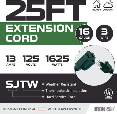 Outdoor Extension Cord - 16/3 SJTW Durable Green Extension Cable with 3 Prong Grounded Plug for Safety - Great for Christmas Lights and Major Appliances (1, 25 Foot Candy Cane)