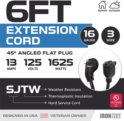 6 Ft Outdoor Extension Cord with 45¬¨¬®‚Äö√†√ª Angled Flat Plug - 16/3 SJTW Durable Black Electrical Cable