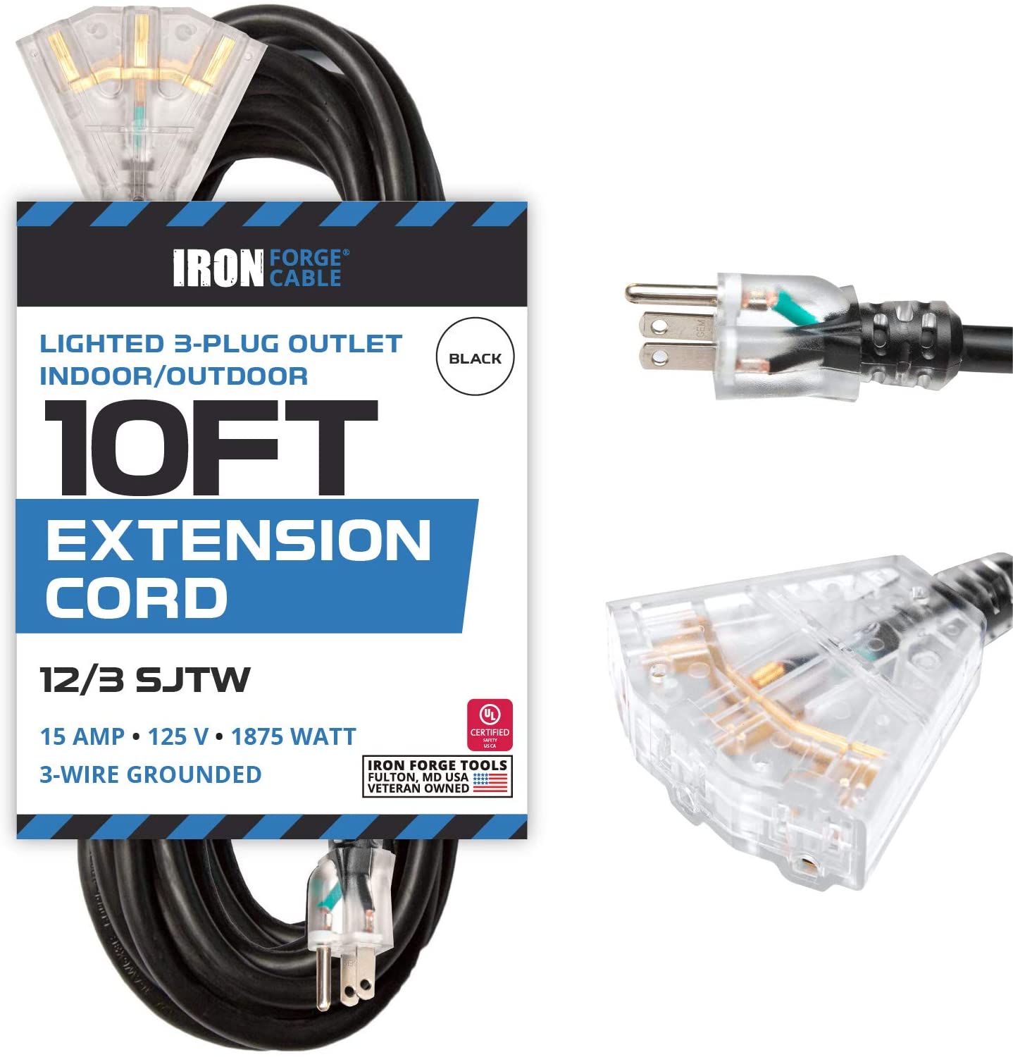10 Ft Outdoor Lighted Extension Cord- 3 Outlets - 12 Gauge- Black - iron  forge tools