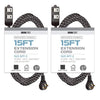 15Ft Fabric Extension Cord 2 Pack - 16/2 SPT-2 Black and White Braided Cloth Electrical Power Cable Set