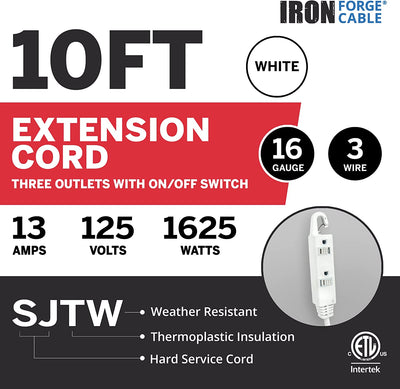 10 Ft Extension Cord with Switch On/Off - 16/3 White Cable, 13 AMP