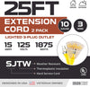 2 Pack of 25 Foot Outdoor Extension Cords with 3 Electrical Power Outlets - 10/3 SJTW Yellow 10 Gauge Lighted Extension Cable with 3 Prong Grounded Plug for Safety
