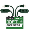 10 Ft Green Extension Cord 2 Pack - 16/2 Durable Electrical Cable with 3 Power Outlets
