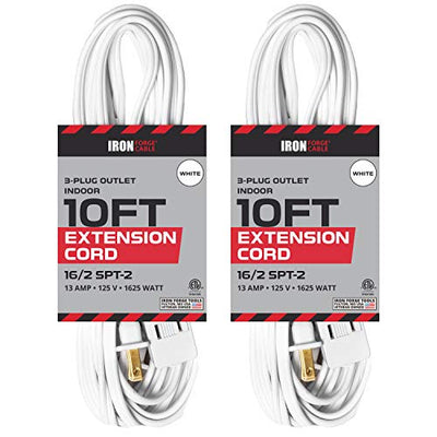 10 Ft White Extension Cord 2 Pack - 16/2 Durable Electrical Cable