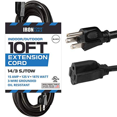 10 Ft Black Oil Resistant Extension Cord for Farms and Ranches - 14/3 SJTOW Heavy Duty Cable with 3 Prong Grounded Plug for Safety