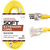 50 Foot Lighted Outdoor Extension Cord - 10/3 SJTW Yellow 10 Gauge Extension Cable with 3 Prong Grounded Plug for Safety - Great for Garden and Major Appliances