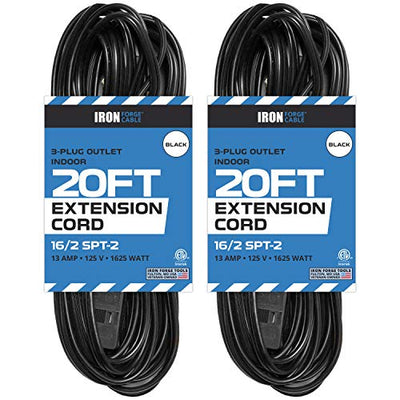 20 Ft Black Extension Cord 2 Pack - 16/2 Durable Electrical Cable