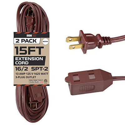 15 Ft Brown Extension Cord 2 Pack - 16/2 Durable Electrical Cable