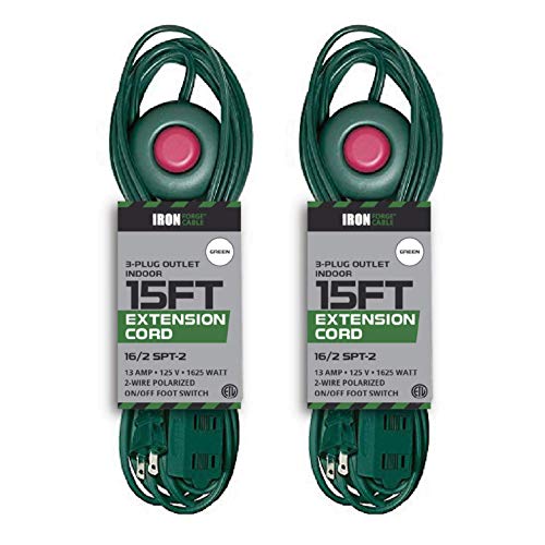 2 Pack of 15 Ft Extension Cord with Foot Switch and 3 Electrical Power Outlets - 16/2 Durable Green Foot Tap Extension Cable Set