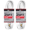 25 Ft White Extension Cord 2 Pack - 16/2 Durable Electrical Cable