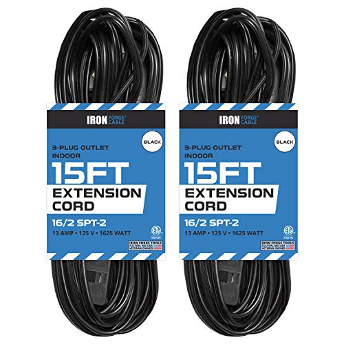 15 Ft Black Extension Cord 2 Pack - 16/2 Durable Electrical Cable