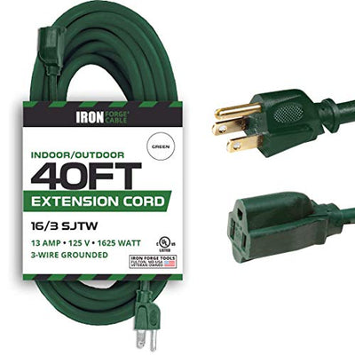 40 Foot Outdoor Extension Cord - 16/3 SJTW Durable Green Extension Cable with 3 Prong Grounded Plug for Safety - Great for Garden and Major Appliances