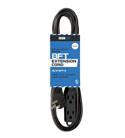 8 Ft Extension Cord with 3 Electrical Power Outlet - 16/3 Durable Black Cable