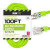 100 Ft Neon Green Extension Cord - 16/3 SJTW Lighted Outdoor High Visibility Electrical Cable with 3 Prong Grounded Plug for Safety
