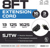 2 Pack of 8 Ft Outdoor Extension Cords - 16/3 Durable Black Extension Cord Pack