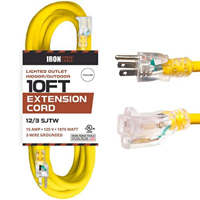 10 Foot Lighted Outdoor Extension Cord - 12/3 SJTW Heavy Duty Yellow Extension Cable with 3 Prong Grounded Plug for Safety - Great for Garden and Major Appliances