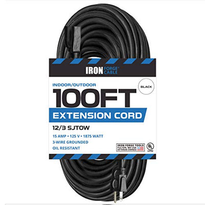 100 Ft Black Oil Resistant Extension Cord for Farms and Ranches - 12/3 SJTOW Heavy Duty Outdoor Cable with 3 Prong Grounded Plug for Safety