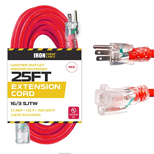 25 Ft Red Extension Cord - 16/3 SJTW Lighted Outdoor High Visibility Electrical Cable with 3 Prong Grounded Plug for Safety
