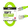 15 Ft Neon Green Extension Cord - 16/3 SJTW Lighted Outdoor High Visibility Electrical Cable with 3 Prong Grounded Plug for Safety
