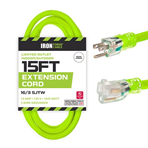 15 Ft Lighted Extension Cord - 16 Gauge- Neon Green