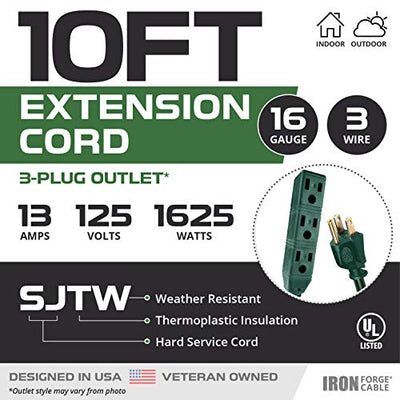 10 Ft Extension Cord 2 Pack - 16/3 SJTW Durable Green Cable with 3 Electrical Power Outlets