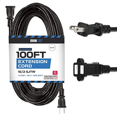 100 Ft Water Resistant 16/2 Outdoor Extension Cord - SJTW Black Long Cable with 2 Prong Polarized Plug 16 AWG 10 Amps