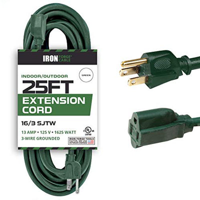 25 Foot Outdoor Extension Cord - 16/3 SJTW Durable Green Extension Cable with 3 Prong Grounded Plug for Safety - Great for Garden and Major Appliances