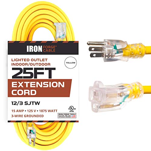 Iron Forge Cable 15 Foot Lighted Outdoor Extension Cord - 12/3 SJTW Heavy  Duty Yellow Extension Cable with 3 Prong Grounded Plug for Safety - Great  for Garden and Major Appliances 