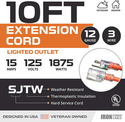 10 Ft Orange Extension Cord - 12/3 SJTW Heavy Duty Lighted Outdoor Extension Cable with 3 Prong Grounded Plug for Safety - Great for Garden & Major Appliances