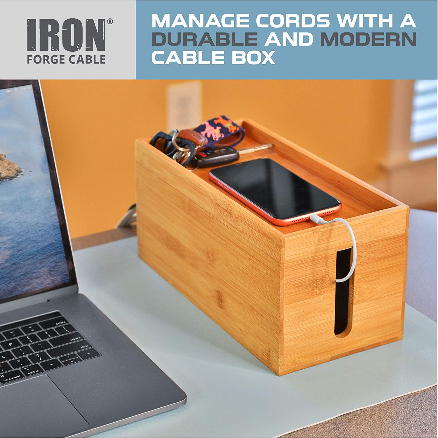 Bamboo Cable Management Box - Stylish Surge Protector Cover, Power
