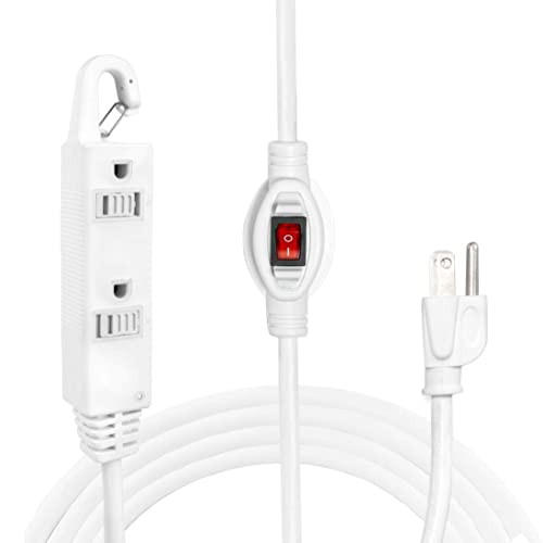6 Ft Extension Cord with Switch On/Off - 16/3 STJW White Cable with 3 Electrical Power Outlets, 13 AMP