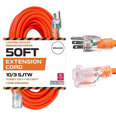 50 Foot Lighted Outdoor Extension Cord - 10/3 SJTW Orange 10 Gauge Extension Cable with 3 Prong Grounded Plug for Safety - Great for Garden and Major Appliances