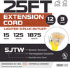 25 Foot Lighted Outdoor Extension Cord with 3 Electrical Power Outlets - 12/3 SJTW Heavy Duty Yellow Extension Cable with 3 Prong Grounded Plug for Safety