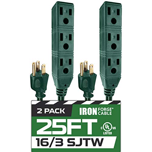 25 Ft Extension Cord 2 Pack - 16/3 SJTW Durable Green Cable with 3 Electrical Power Outlets