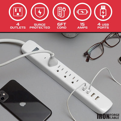 2 Pack of Surge Protector Power Strips with 4 USB Ports, 4 Electrical Outlets & 6 Ft White Extension Cord, 15A/1875W, ETL Listed