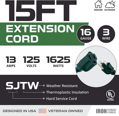 15 Foot Outdoor Extension Cord - 16/3 SJTW Durable Green Extension Cable with 3 Prong Grounded Plug for Safety - Great for Garden and Major Appliances