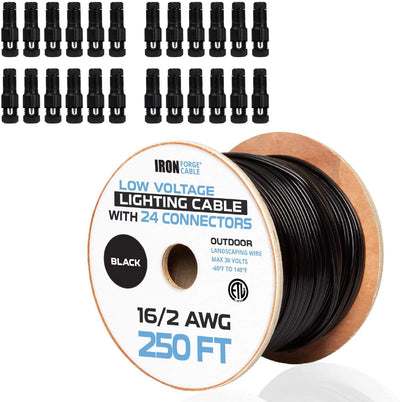 16/2 Low Voltage Landscape Wire with 24 Connectors - 250ft Outdoor Low-Voltage Cable for Landscape Lighting, Black
