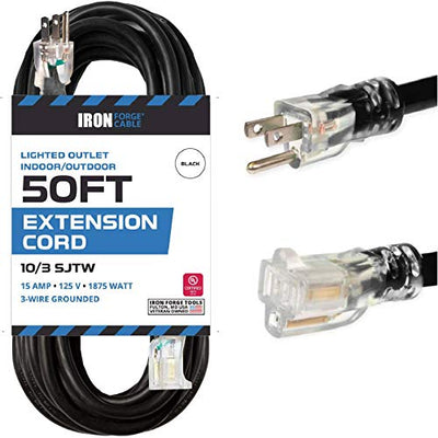 50 Foot Outdoor Extension Cord - 10/3 SJTW Black 10 Gauge Extension Cable with 3 Prong Grounded Plug for Safety - Great for Garden and Major Appliances