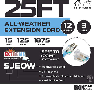 25 Ft All Weather Extension Cord - Stays Flexible in Extreme Cold & Hot Temperatures from -58¬¨¬®‚Äö√†√ªF to +221¬¨¬®‚Äö√†√ªF - 12/3 SJEOW Heavy Duty Lighted Outdoor Extension Cable