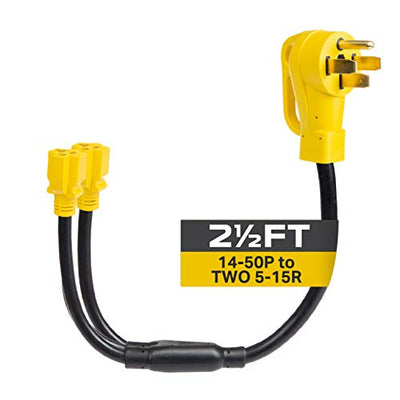 Iron Forge Cable 50 Amp to 15 Amp RV Y Adapter Power Cord - 10/3 STW 14-50P Male Plug to Two 5-15R Female Electrical Receptacles, Yellow