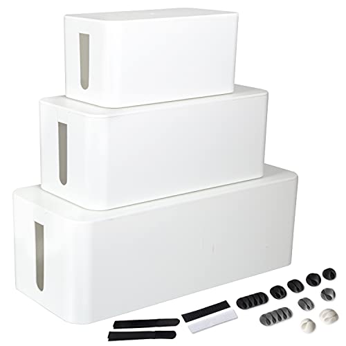 Cable Management Box, 3 Pack-White Organizer-Hides Wires, Includes Accessories