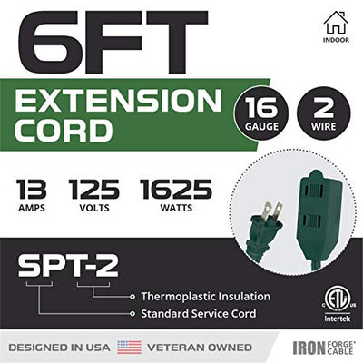 6 Ft Green Extension Cord 2 Pack - 16/2 Durable Electrical Cable with 3 Power Outlets