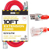 10 Ft Lighted Extension Cord - 12/3 SJTW Heavy Duty Red Outdoor Extension Cable with 3 Prong Grounded Plug for Safety - Great for Garden & Major Appliances