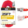 25 Ft Lighted Extension Cord - 12/3 SJTW Heavy Duty Red Outdoor Extension Cable with 3 Prong Grounded Plug for Safety - Great for Garden & Major Appliances